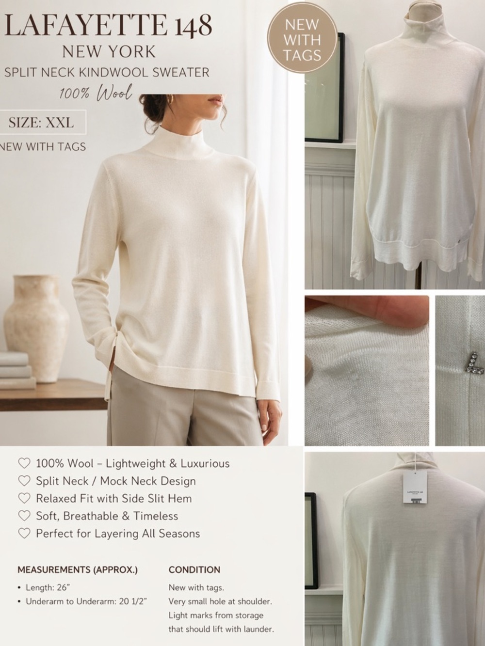 Lafayette 148 New York 100% Wool Split Neck Sweater XXL Cream Lightweight Luxury